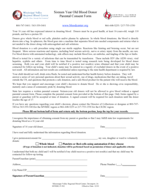 Sixteen Year Old Blood Donor Parental Consent Form