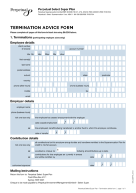 Perpetual Select Super Plan Termination Advice Form