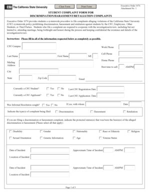 Student Complaint Form for Discrimination/Harassment/Retaliation