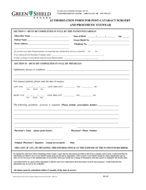 Authorization Form for Post-Cataract Surgery and Prosthetic Eyewear