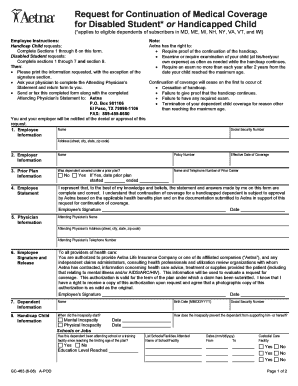Request for Continuation of Medical Coverage for Disabled Student or Handicapped Child