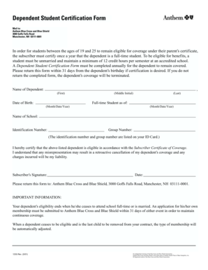 Dependent Student Certification Form