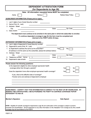 Dependent Attestation Form for Health Coverage to Age 26