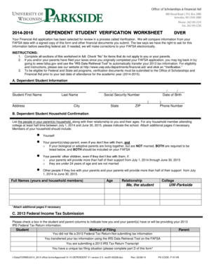 2014-2015 Dependent Student Verification Worksheet