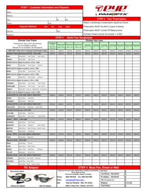 Sunglasses Prescription Order Form