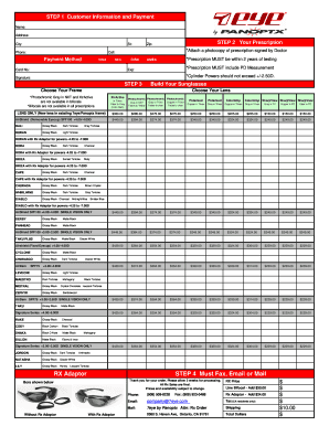 Sunglasses Prescription Order Form