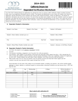 California Dream Act Dependent Verification Worksheet