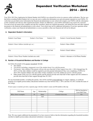 2014-2015 Dependent Verification Worksheet