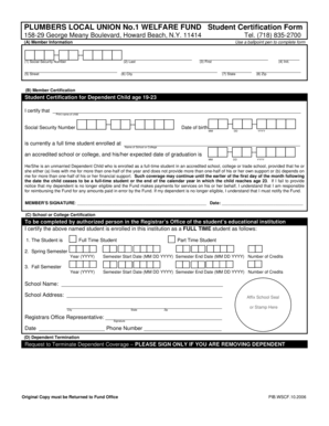 Plumbers Local Union No.1 Welfare Fund Student Certification Form