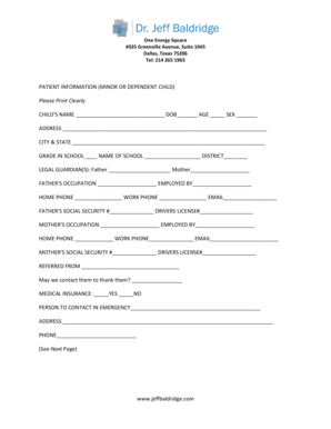 Minor Child Patient Information and Consent Form