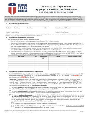 2014–2015 Dependent Aggregate Verification Worksheet
