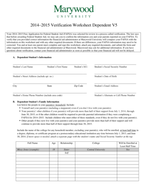 2014–2015 Verification Worksheet Dependent V5