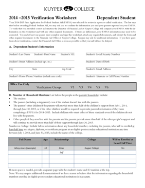 2014-2015 Dependent Student Verification Worksheet