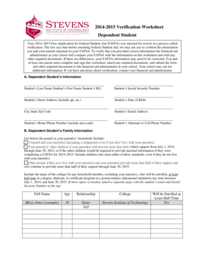 2014-2015 Dependent Student Verification Worksheet