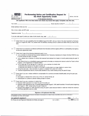 Form 8850 Work Opportunity Credit Pre-Screening Notice
