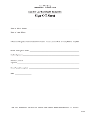 New Jersey Sudden Cardiac Death Pamphlet Sign-Off Sheet