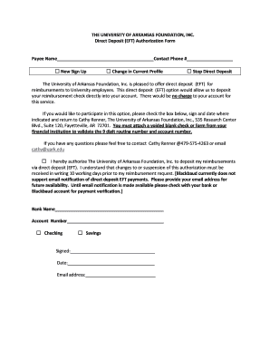 University of Arkansas Direct Deposit Authorization Form