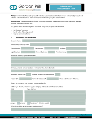 Subcontractor Prequalification Form