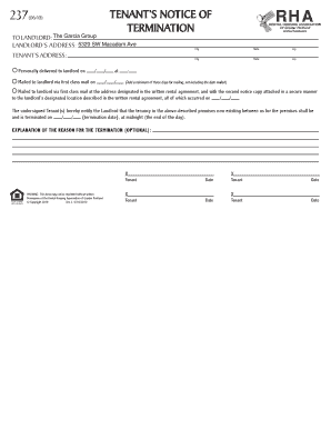 Tenant’s Notice of RHA Termination
