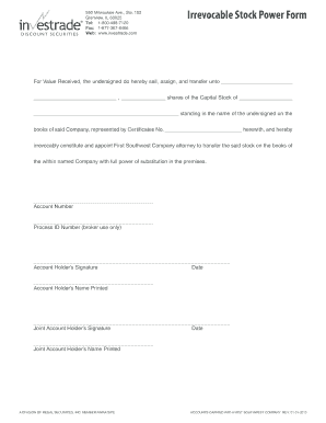 Irrevocable Stock Power Form - Investrade Discount Securities