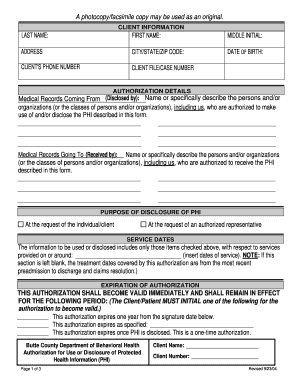 Butte County Authorization for Use or Disclosure of Protected Health Information (PHI)