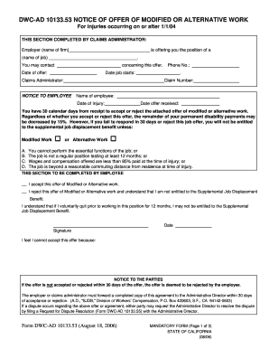 California Notice of Offer of Modified or Alternative Work
