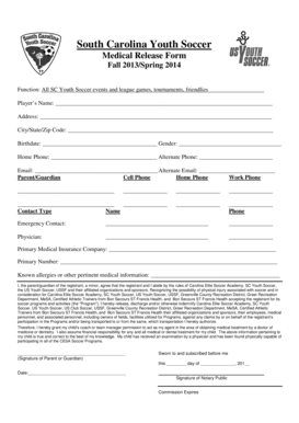 South Carolina Youth Soccer Medical Release Form