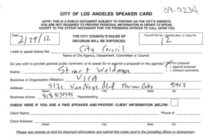 City of Los Angeles Speaker Card