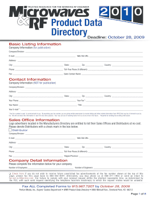 Product Data Directory Listing Form