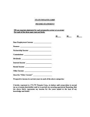 Income Statement for Tenant-Shareholder Application