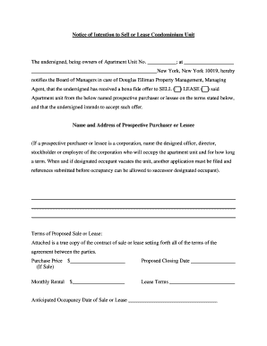 Notice of Intention to Sell or Lease Condominium Unit