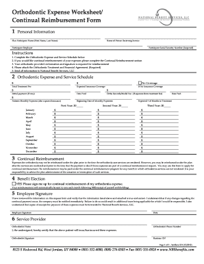 Orthodontic Expense Worksheet and Continual Reimbursement Form