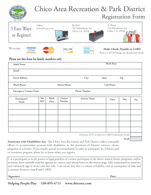 Chico Area Recreation Registration Form