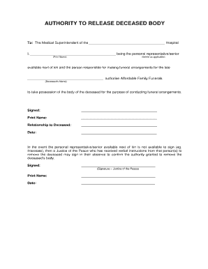 Authority to Release Deceased Body