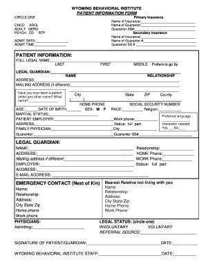 Wyoming Behavioral Institute Patient Information Form