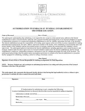 Authorization to Embalm Form