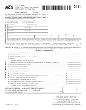 Maryland 2011 Estimated Income Tax Form 502D