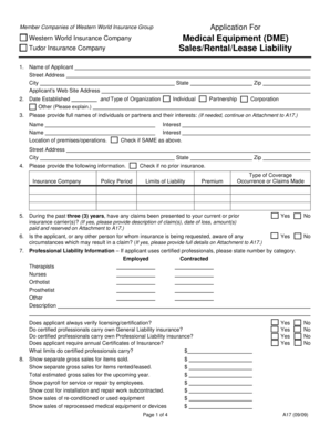 Western World Insurance Group Medical Equipment Application