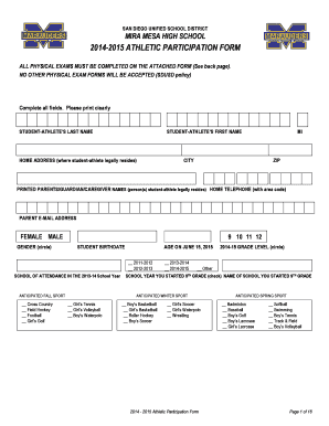 San Diego Unified School District Athletic Participation Form