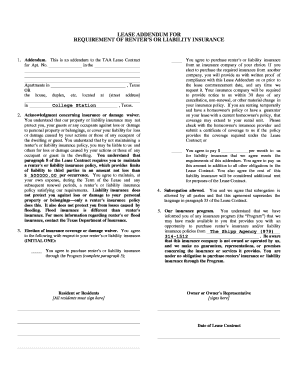 Lease Addendum for Renter’s or Liability Insurance