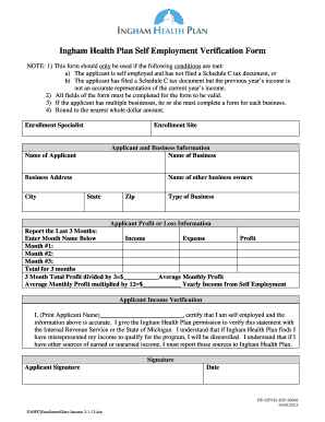 Ingham Health Plan Self Employment Verification Form