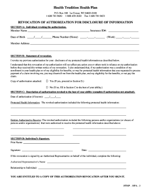 Health Tradition Health Plan Revocation of Authorization