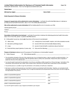 Limited Patient Authorization for Disclosure of Protected Health Information