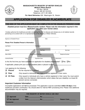 Massachusetts Disabled Placard/Plate Application