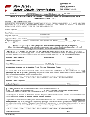 New Jersey Disability License Plates and Placards Application