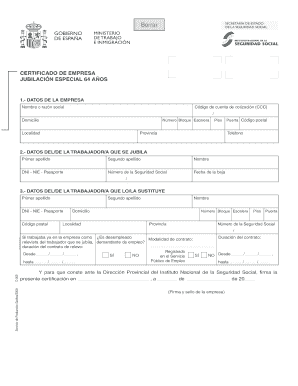 Certificado de Empresa Jubilación Especial 64 Años