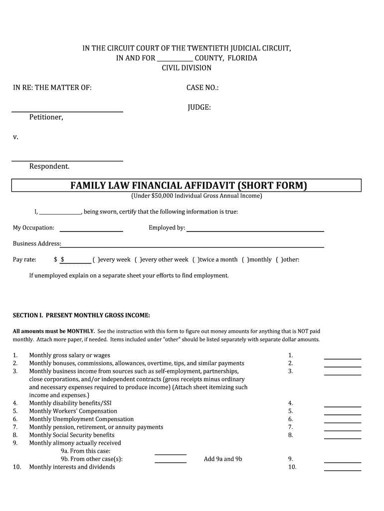 pasco county financial affidavit short form Preview on Page 1