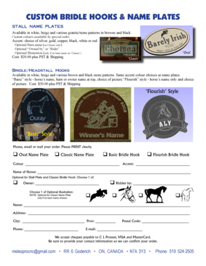 Custom Horse Stall Name Plates and Bridle Hooks Order Form