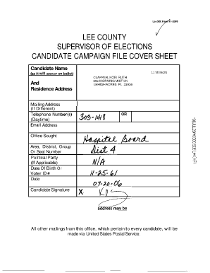 Florida Candidate Campaign File Cover Sheet