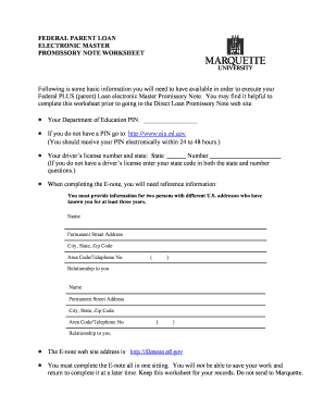 Federal Parent Loan Promissory Note Worksheet